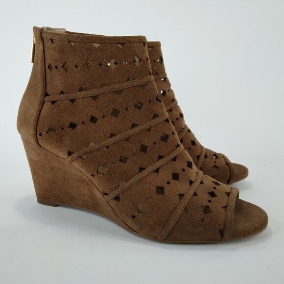 Michael Michael Kors Uma Brown Suede Wedge Peep Toe Ankle Boots Size 10M - Picture 2 of 13